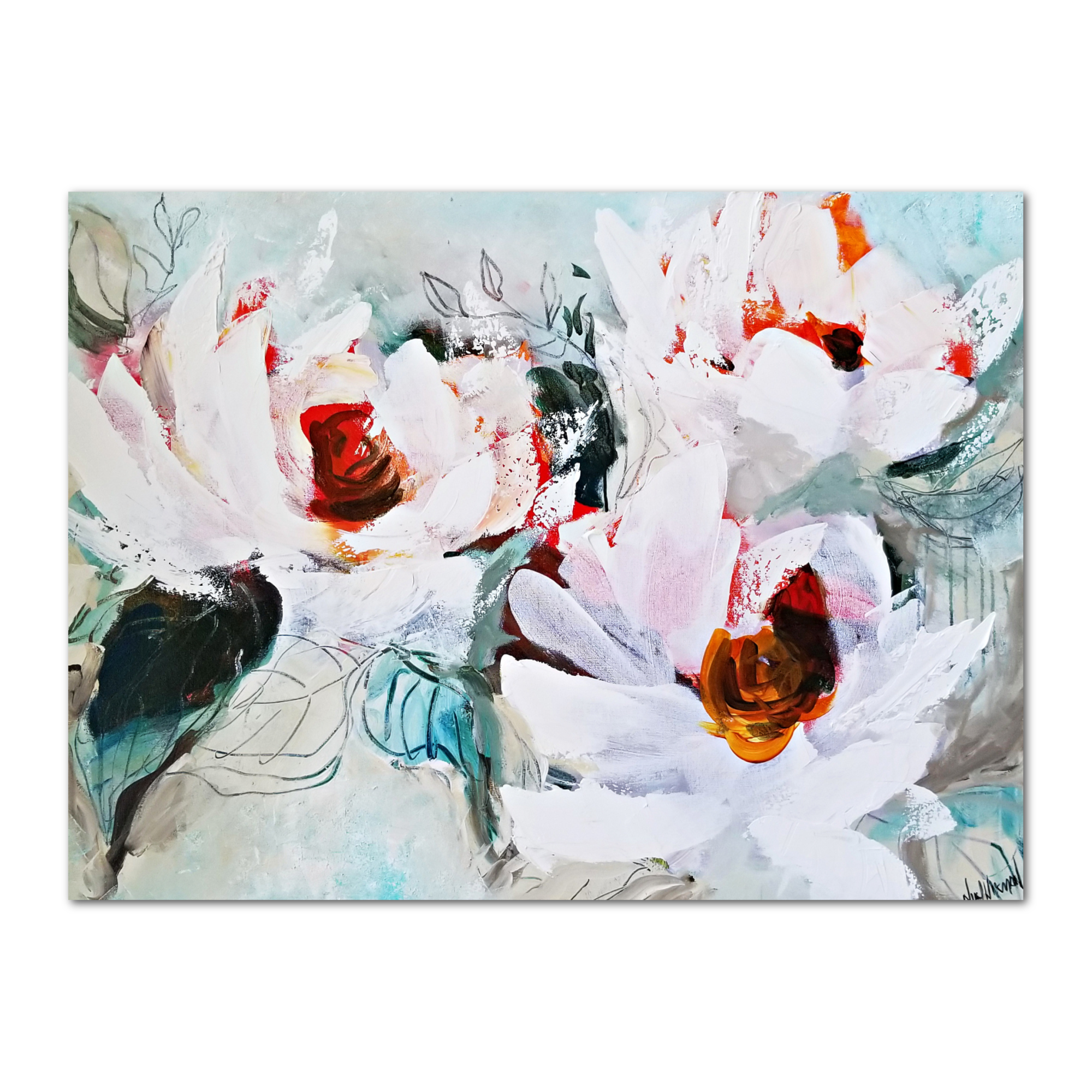 Four abstract paintings by Nikol Wikman created with broad, colorful brushstrokes in black, blue, orange, beige, and green on white canvases, surrounded by paint bottles and palette with mixed paint colors.