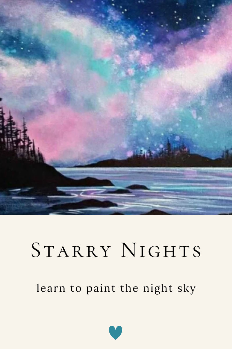Illustration of a starry night sky with trees and water, with text that reads 'Starry Nights' and 'Paint the night sky with me'.