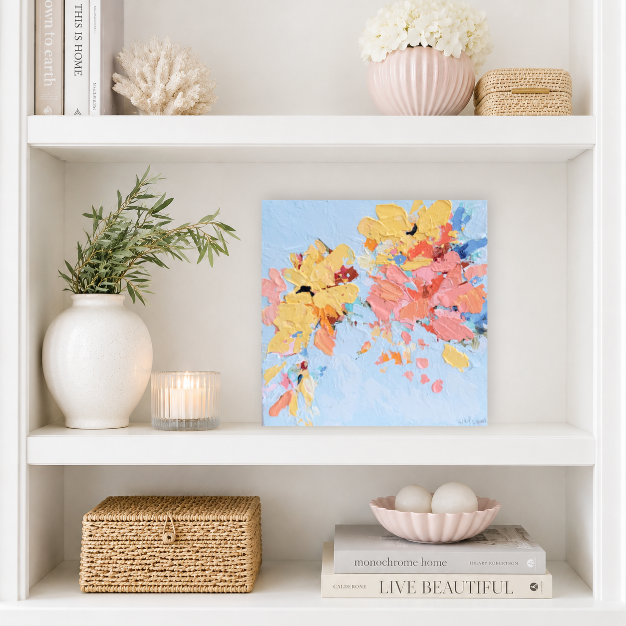 A Dash of Happy abstract flower painting styled on bookshelf.png