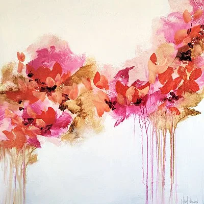 Abstract watercolor painting of pink and orange flowers with black accents on a white background, with paint drips at the bottom.