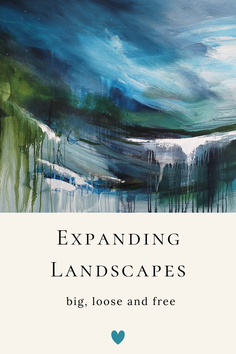 An abstract painting of the ocean with blues, greens, and white swirls, overlaid with text: 'Expanding Landscapes with Nikol Wikman'.