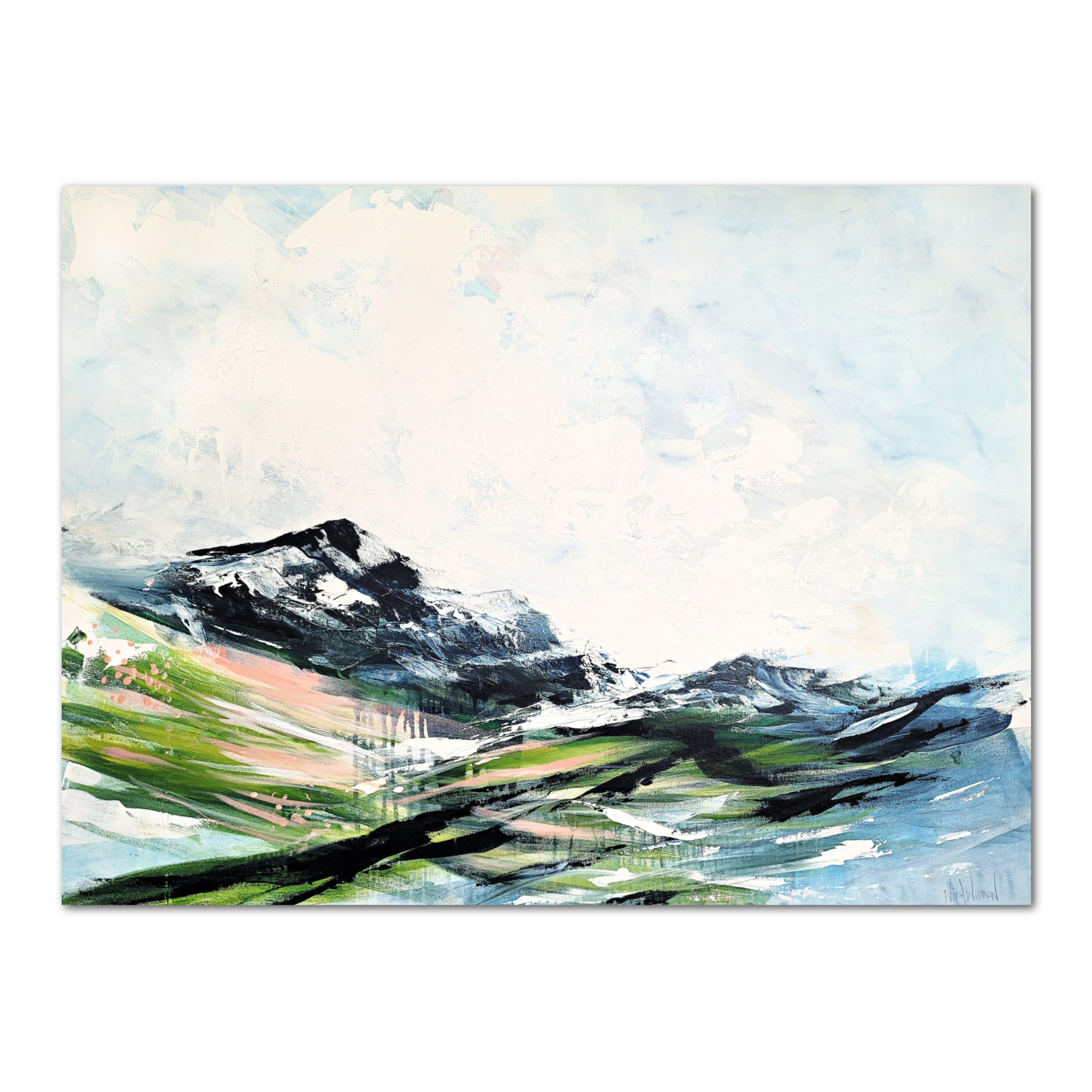 Artist Nikol Wikman is painting an abstract artwork on a canvas with various colors and brushstrokes.