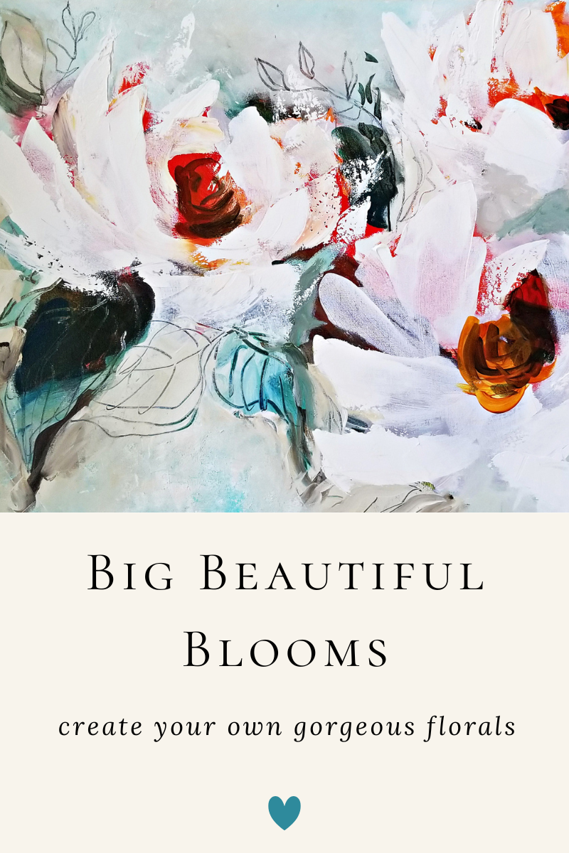 Abstract painting with mostly white, red, black, and green brushstrokes. A text overlay reads 'Big, Beautiful Blooms with Nikol Weidman.'