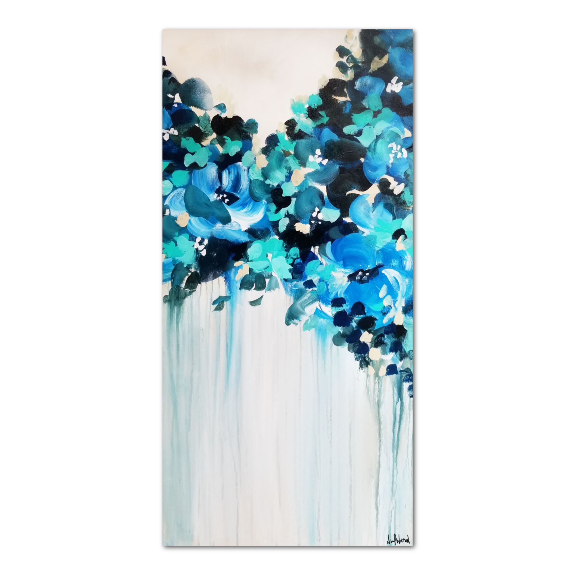 Blue floral painting hung above a kitchen table