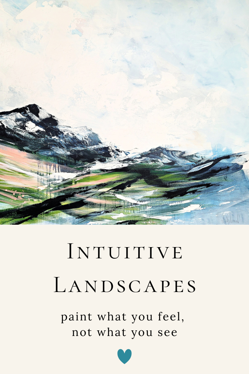Nikol Wikman holding a paint roller, standing in front of an abstract landscape painting with snow-capped mountains and green fields, titled 'Nikol Wikman: Intuitive Landscapes'.