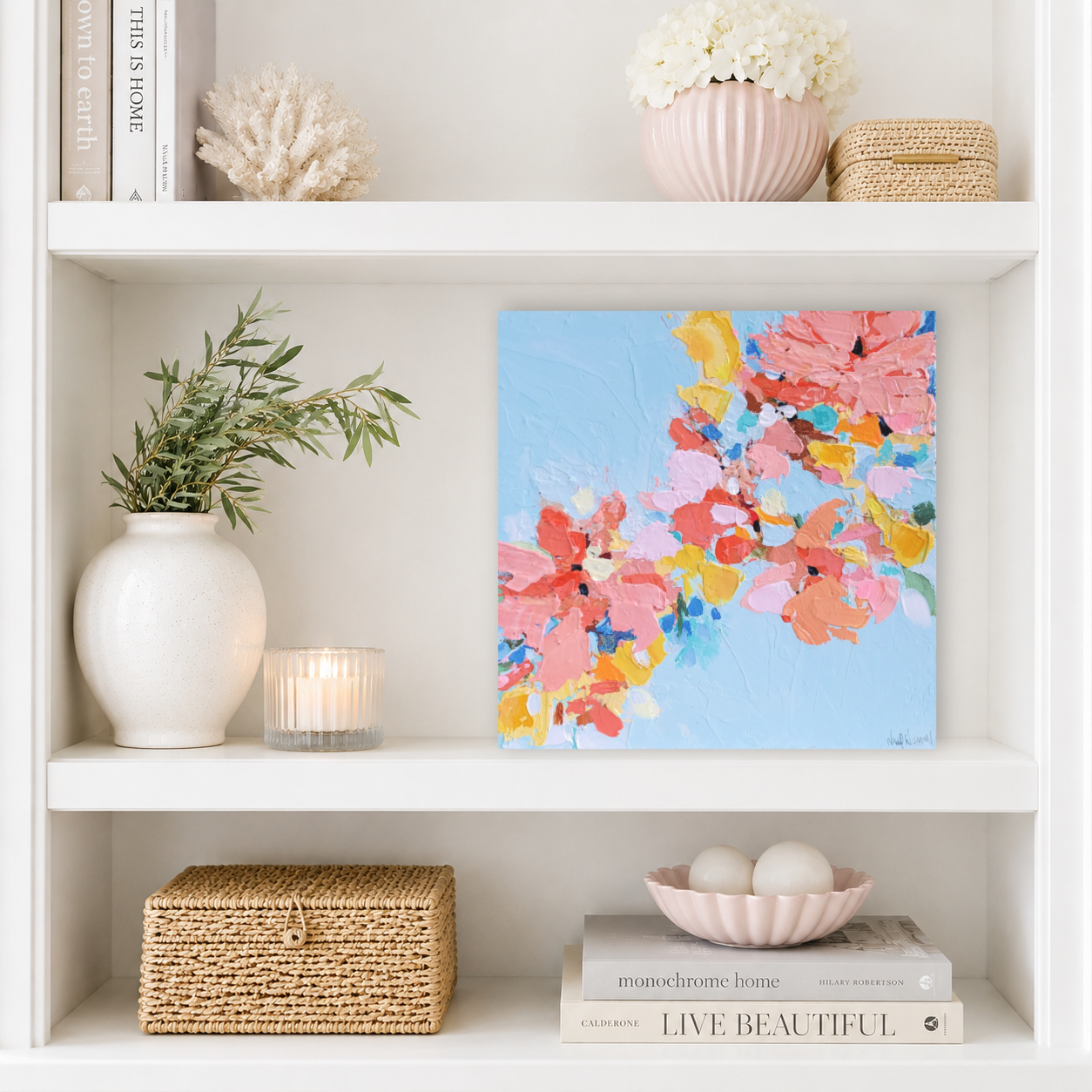Candy Coated Abstract floral Painting by Nikol Wikman Styled on shelf.png