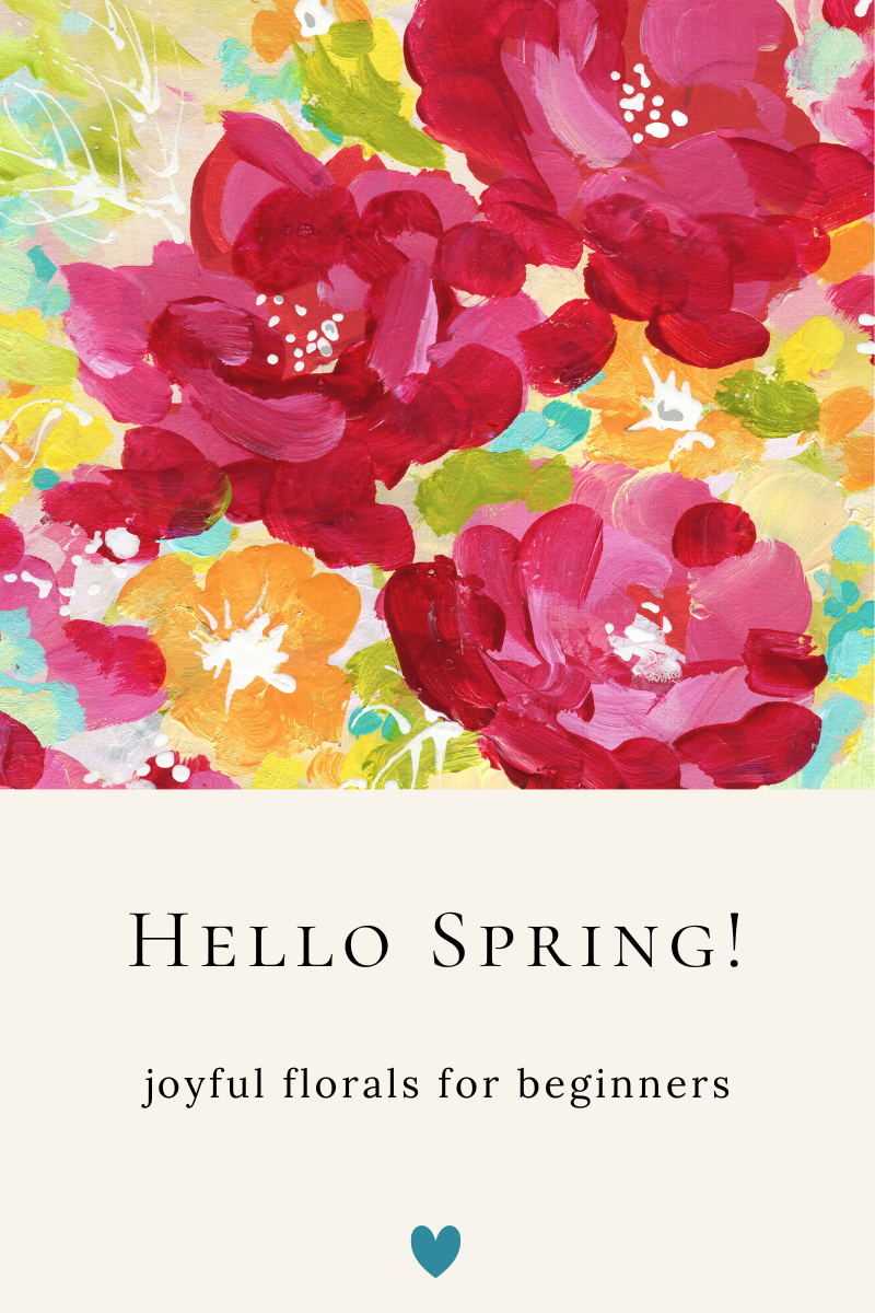Colorful background with painted acrylic flowers framing a white square in the center. Inside the square, text reads 'Hello Spring! An acrylic flower painting class with Nikol Wikman'.