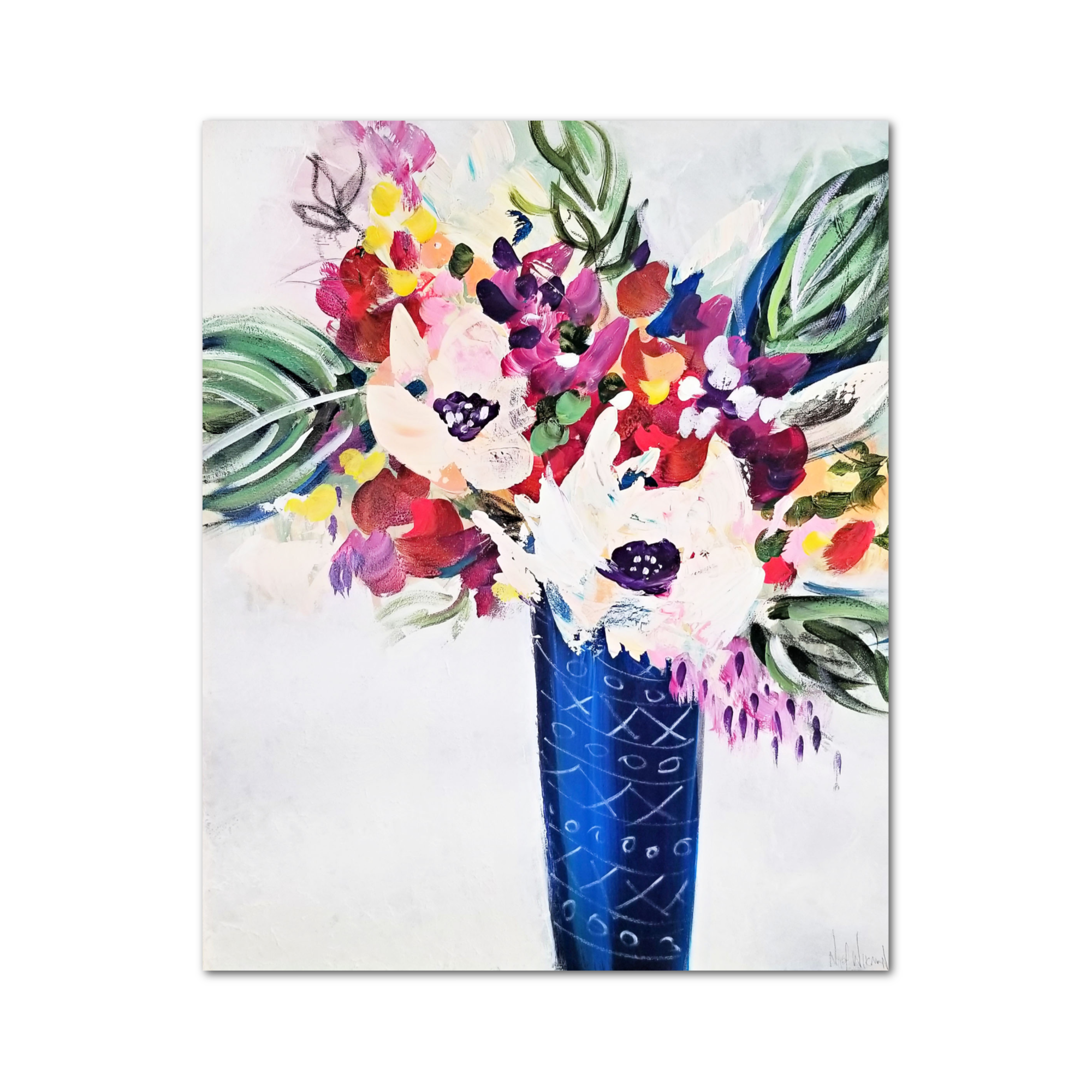 Artist Nikol Wikman is painting an abstract artwork on a canvas with various colors and brushstrokes.