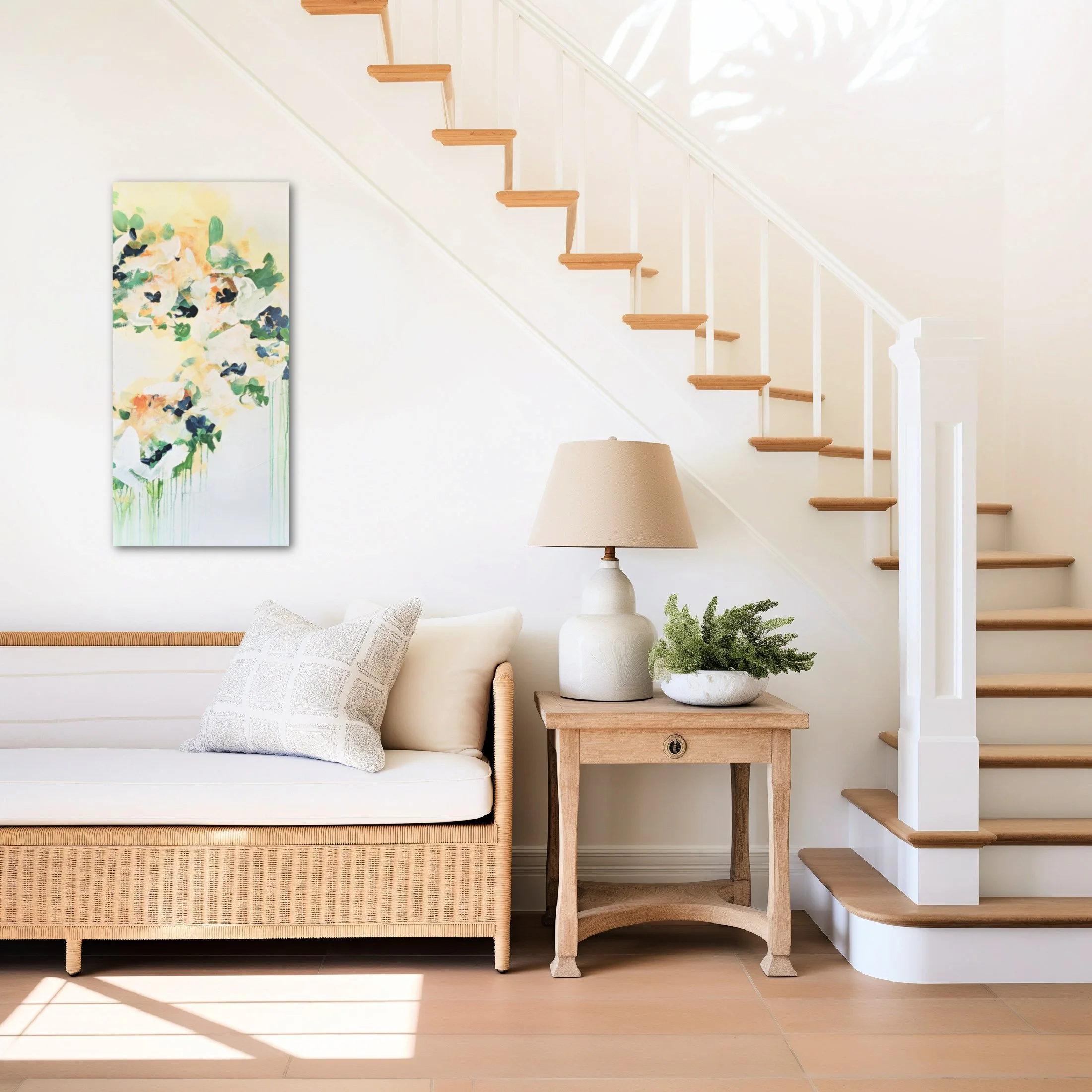 Interior of a home with a staircase and a desk lamp on a small table, decorated with a potted plant, and a colorful abstract painting on the wall.