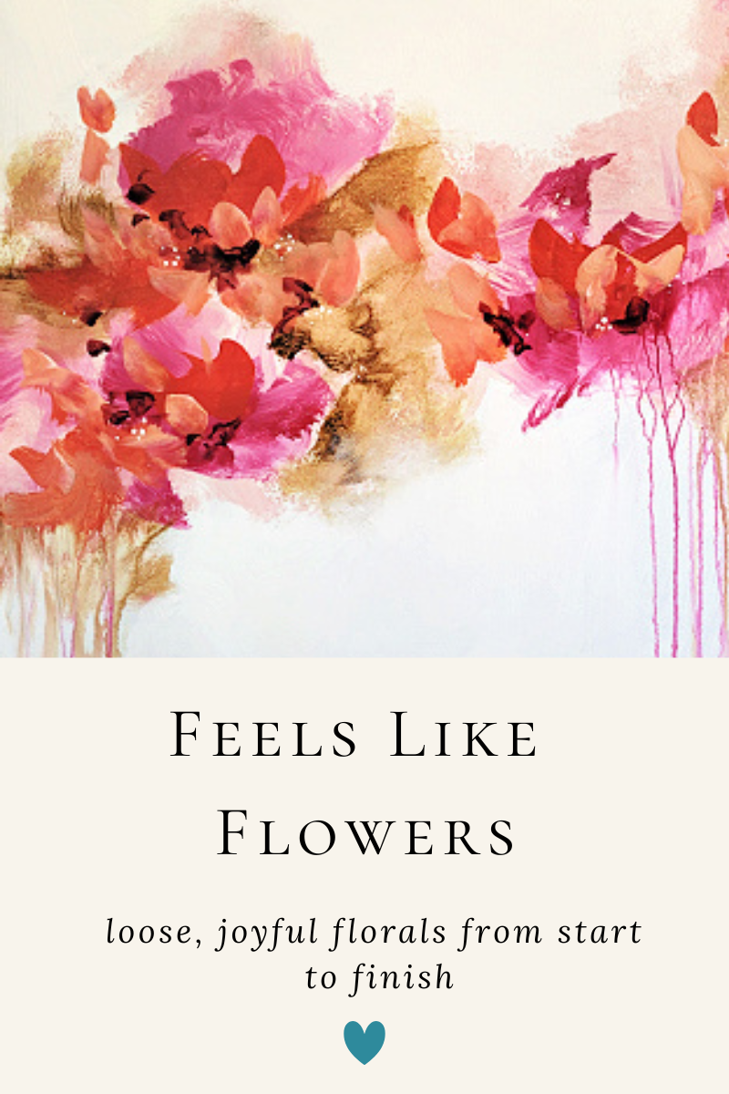 Abstract floral painting with pink, red, peach, gold, and black brushstrokes and splashes, with text overlay advertising a floral painting class with Nibel Wikman.