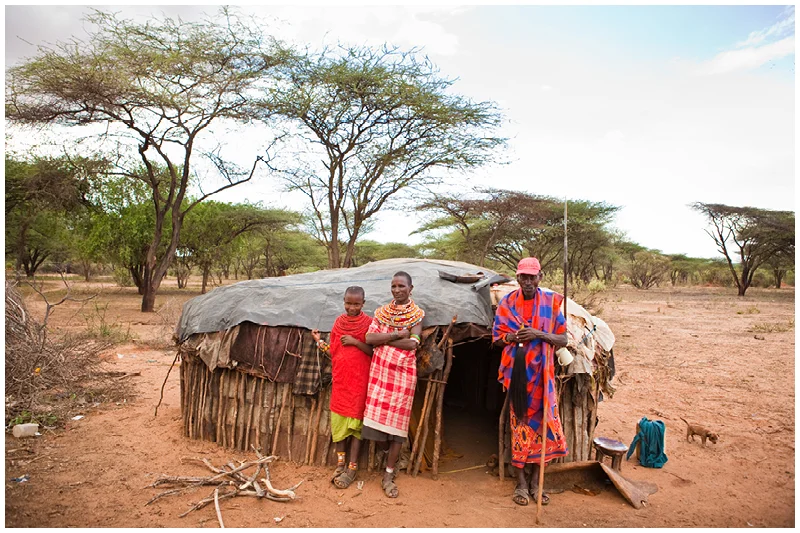 Once they find good grazing and set up their homes, this is what their homes look like. Each man usually has a few wives who each have their own house. The group of houses is known as a manyatta and is often surrounded in thorn bushes and thick brush to keep hyenas out at night.