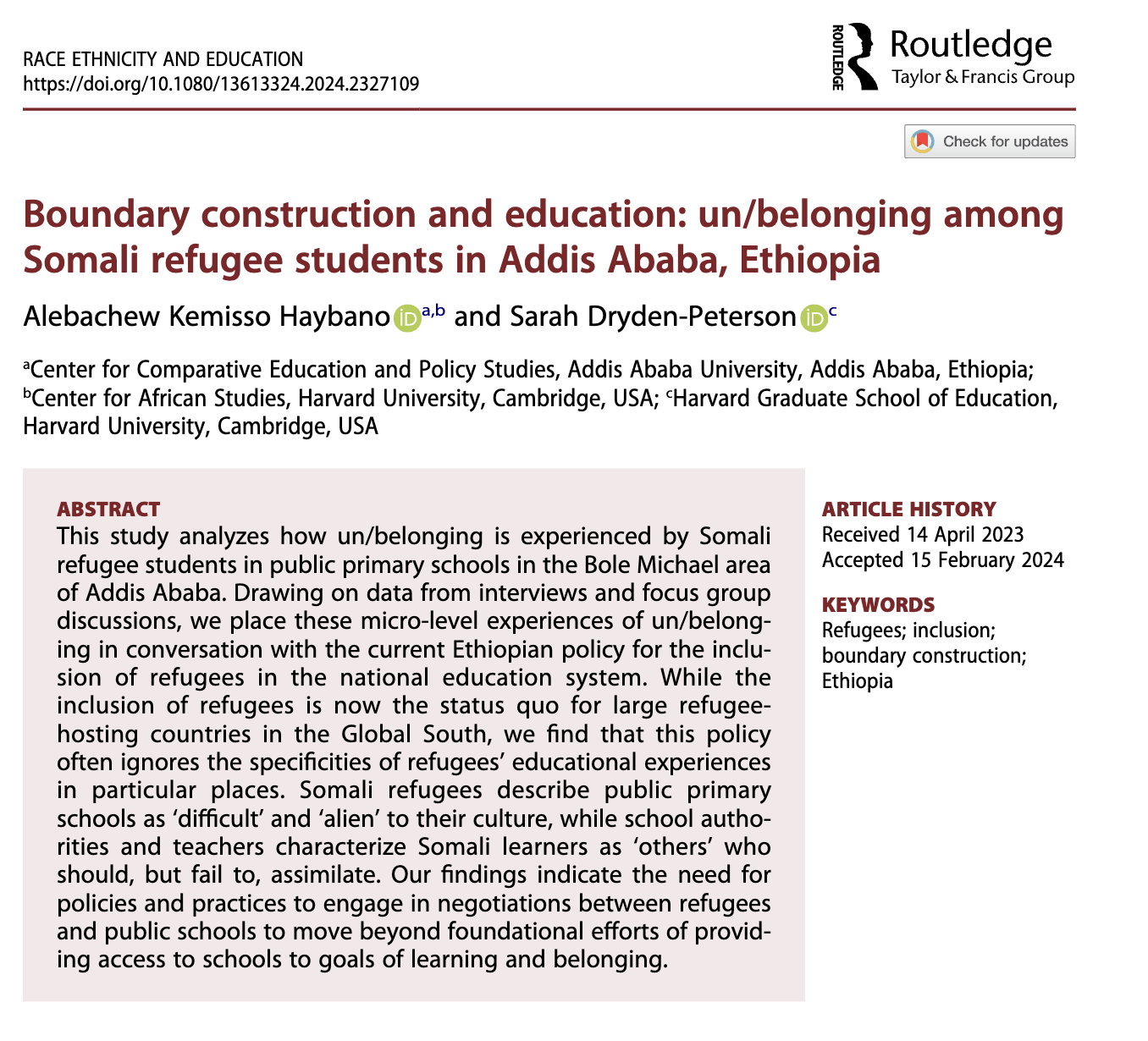Boundary construction and education: un/belonging among Somali refugee students in Addis Ababa, Ethiopia