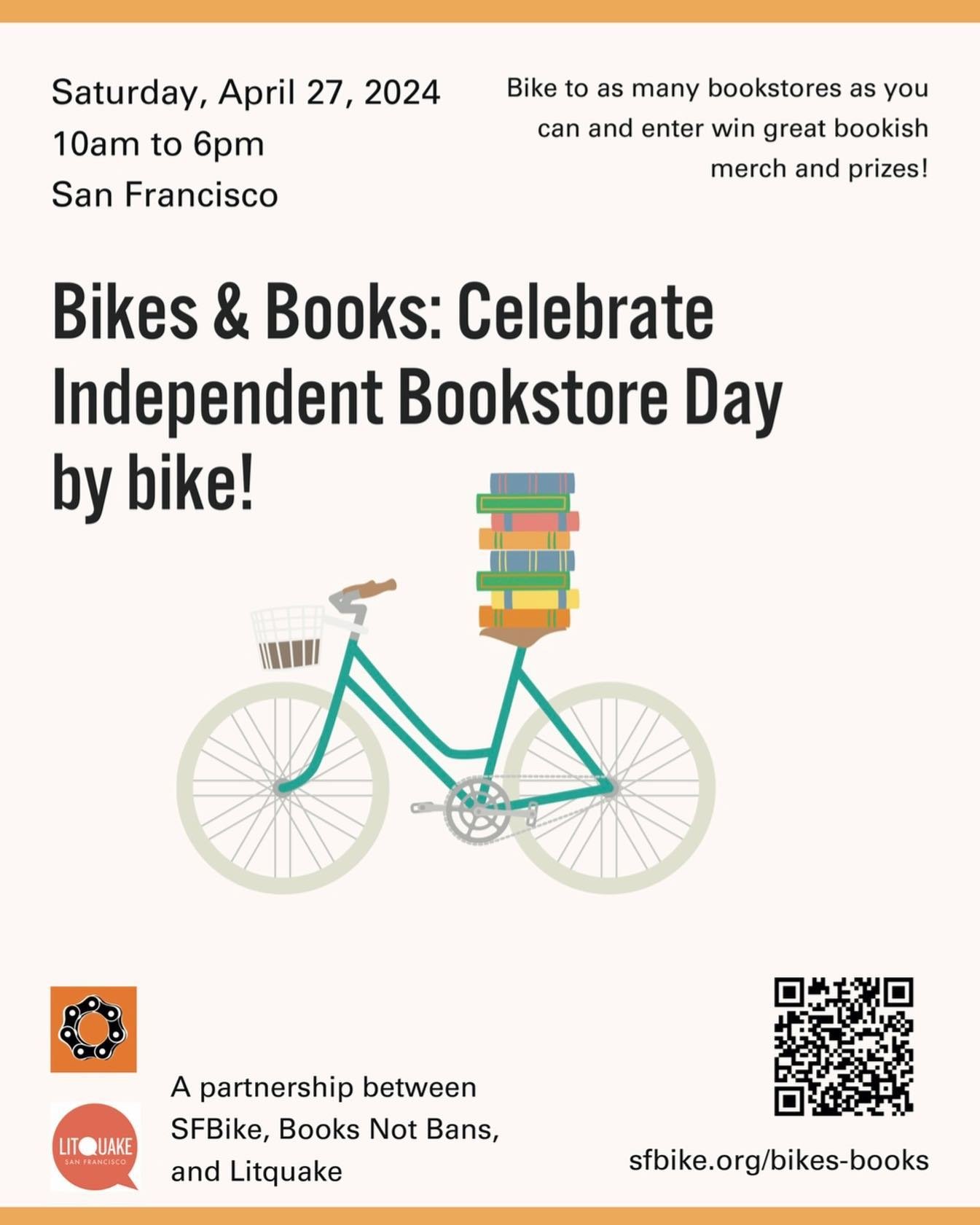 📚This year to celebrate #independentbookstoreday on Saturday, April 27, we&rsquo;re partnering with @sfbike , Books Not Bans and @litquake , and challenging you to visit as many bookstores as you can, by bike! 🚲

🤳Take a selfie and tag #sfbikestob