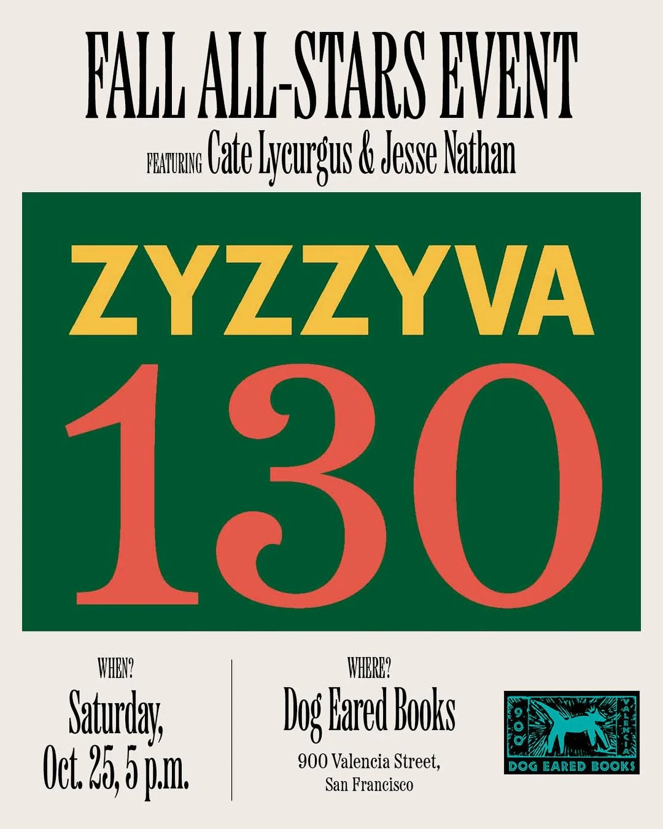 🎉 this Saturday, right here at good ole dog eared books, at 5pm , we will have the zyzzyva all stars reading at our store! See u here! Stick around for more. @zyzzyvamag @catelycurgus