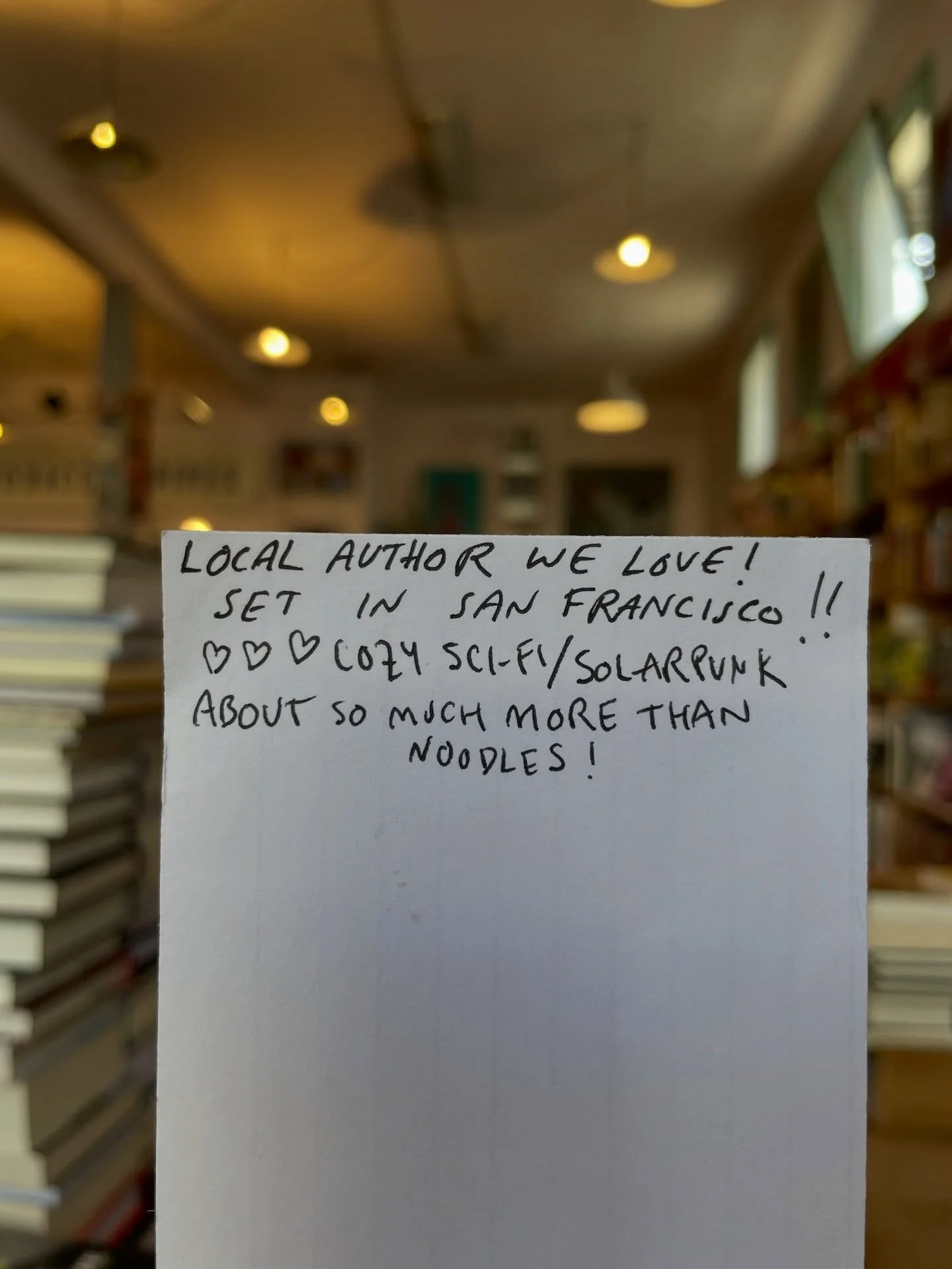 Shelf talker roundup! These four cards have collected at the register over the past week as customers have bought the books we recommend. How many can you guess? Answers below ⬇️ 
📚 
📚 
📚 
1. Automatic Noodle by @ghidorahnotweak 
2. Demon Copperhe