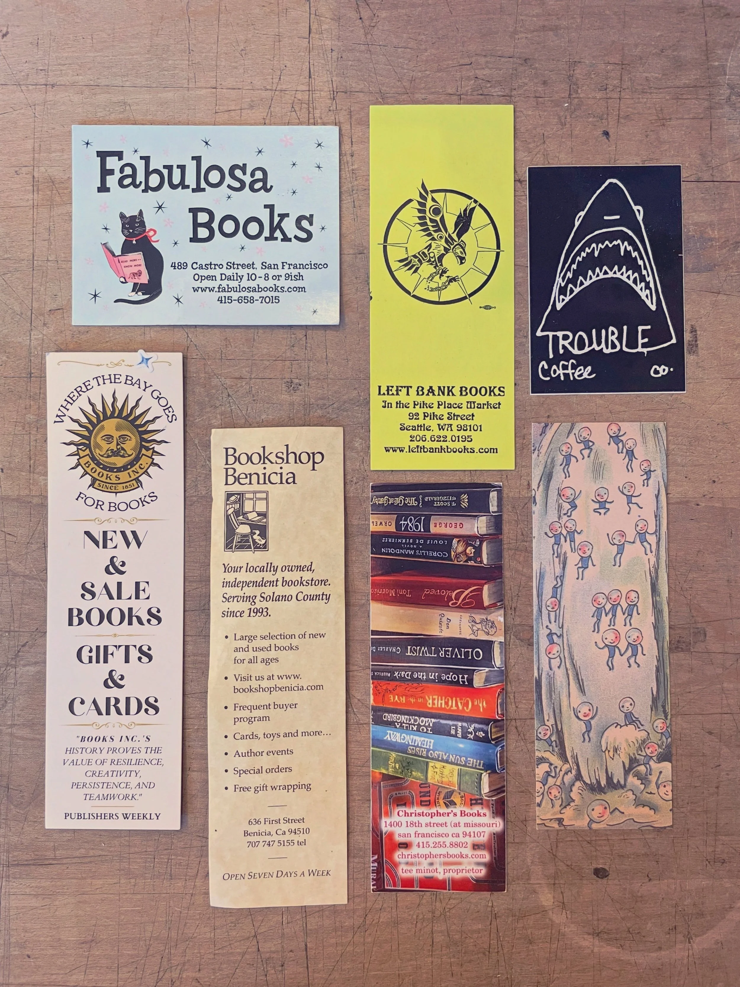 Some bookmarks from other bookstores that we found in used books 📚 
Hi @fabulosa_books @bookshopbenicia @christophersbooks @booksincstores @leftbankbookscollective @50wattsbooks 👋