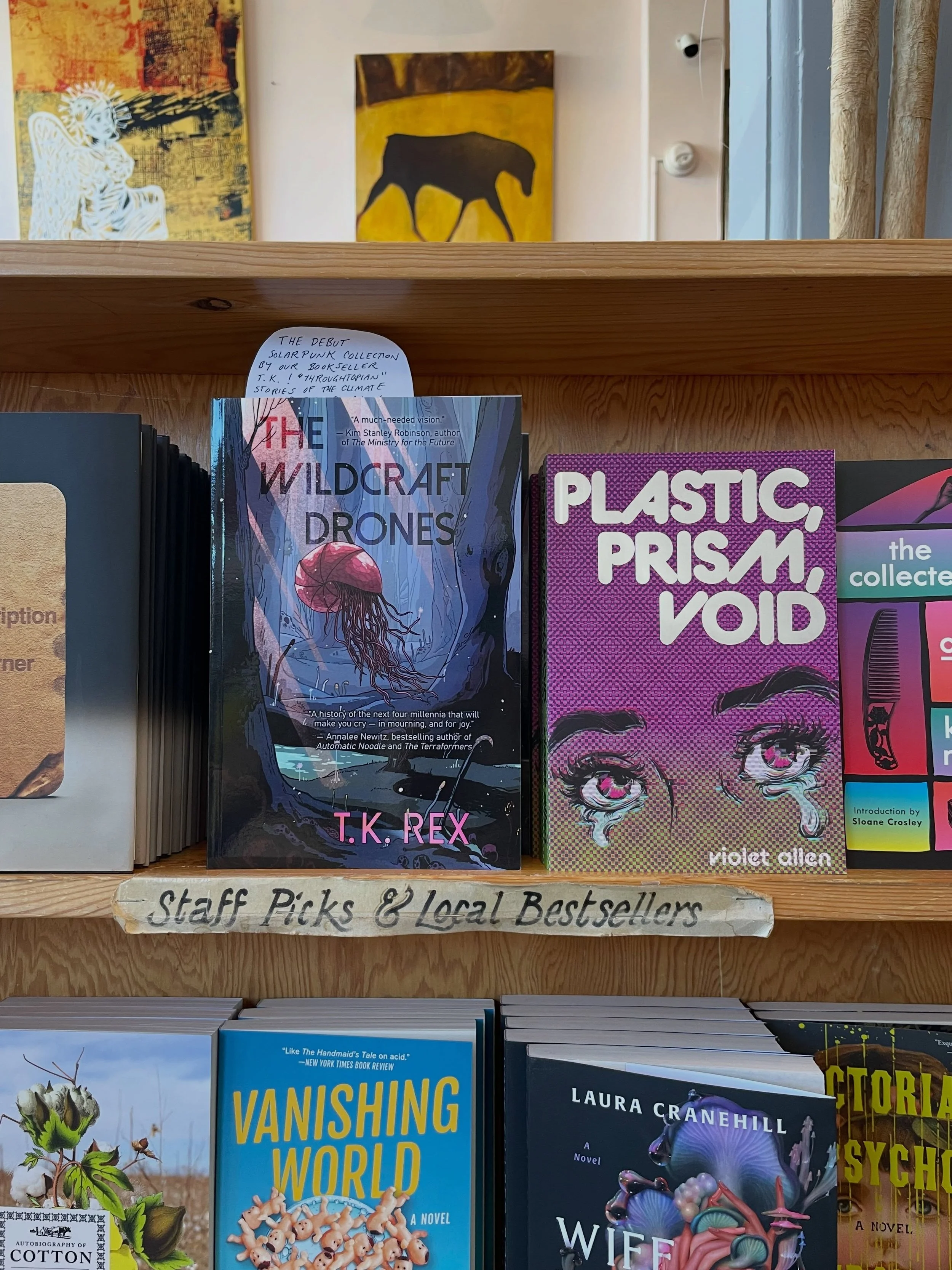 Happy book launch day to our bookseller @tkrex_writes ! Their debut solarpunk collection is out today from @stelliformpress and available at Dog Eared Books! Come get a signed copy from our staff picks shelf!