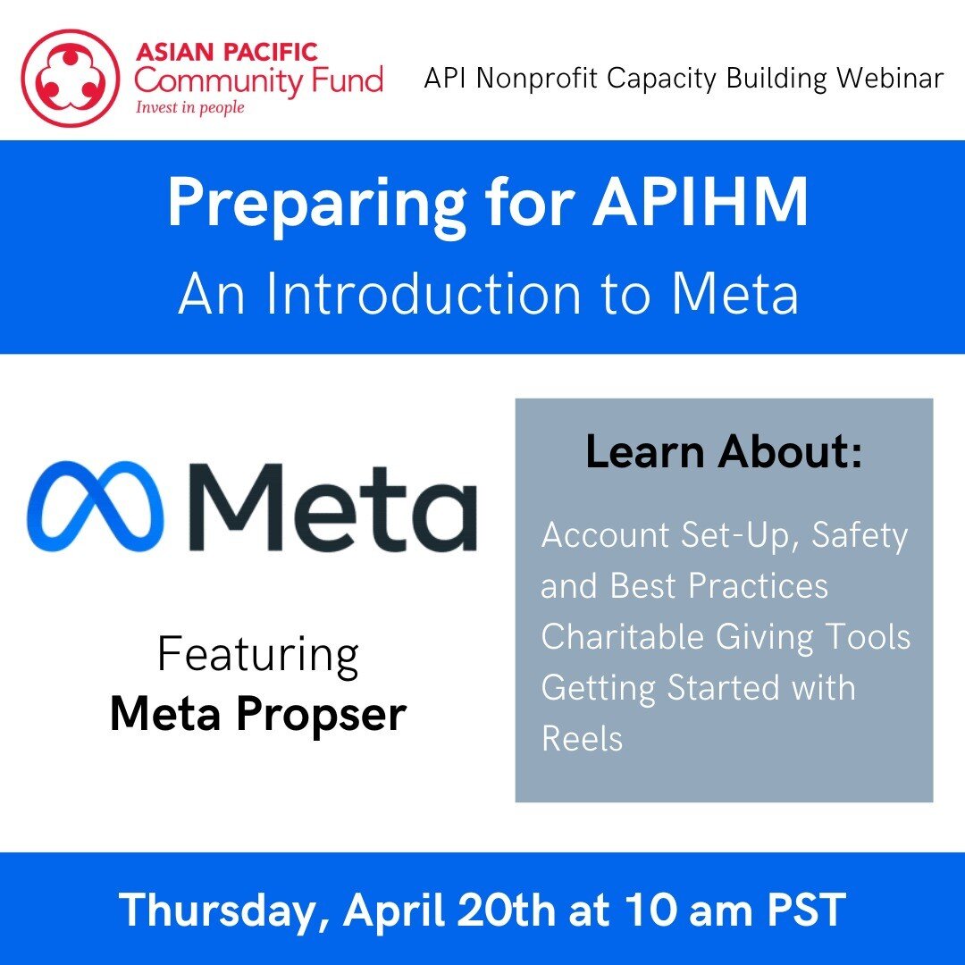 Please join Meta Prosper on Thursday, April 20th from 10-11 AM PST for an introductory virtual class on the basics of proper account set-up and safety on FB and IG, a 101 on Meta&rsquo;s charitable giving tools, and a quick introduction to Reels.

Re