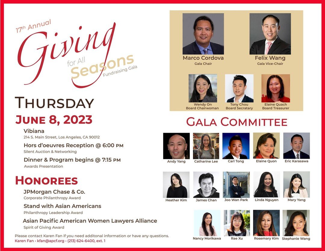 Save the Date! Join APCF on Thursday, June 8th at our 17th Annual &quot;Giving for All Seasons&quot; Gala, celebrating 33 years of investing in Asian American and Native Hawaiian/Pacific Islander (AANHPI) communities throughout Southern CA. For more 