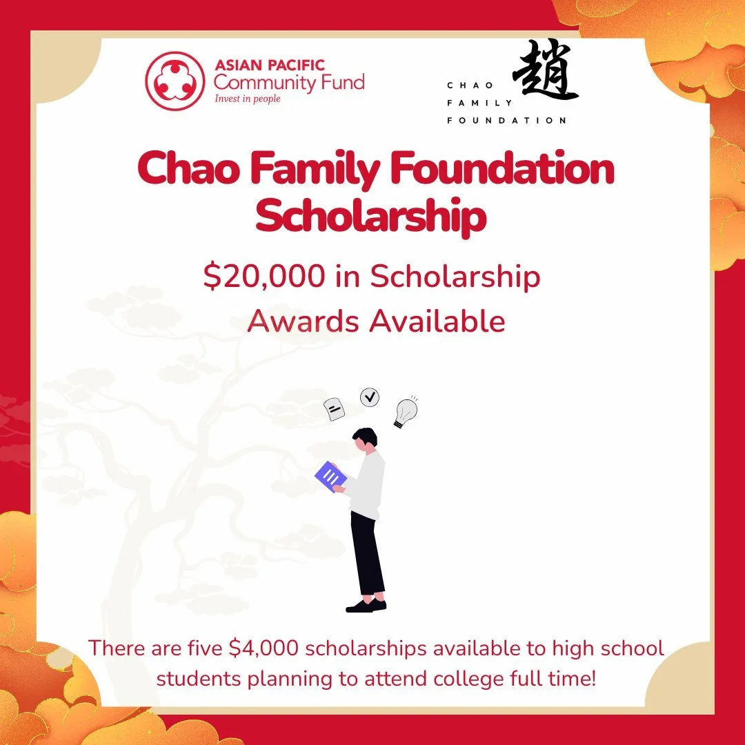 APCF is proud to share that the Chao Family Foundation is offering $20,000 in total scholarship awards for 2026. This program will award five $4,000 scholarships, which may be renewable for up to four years for a total of $16,000, to high school seni