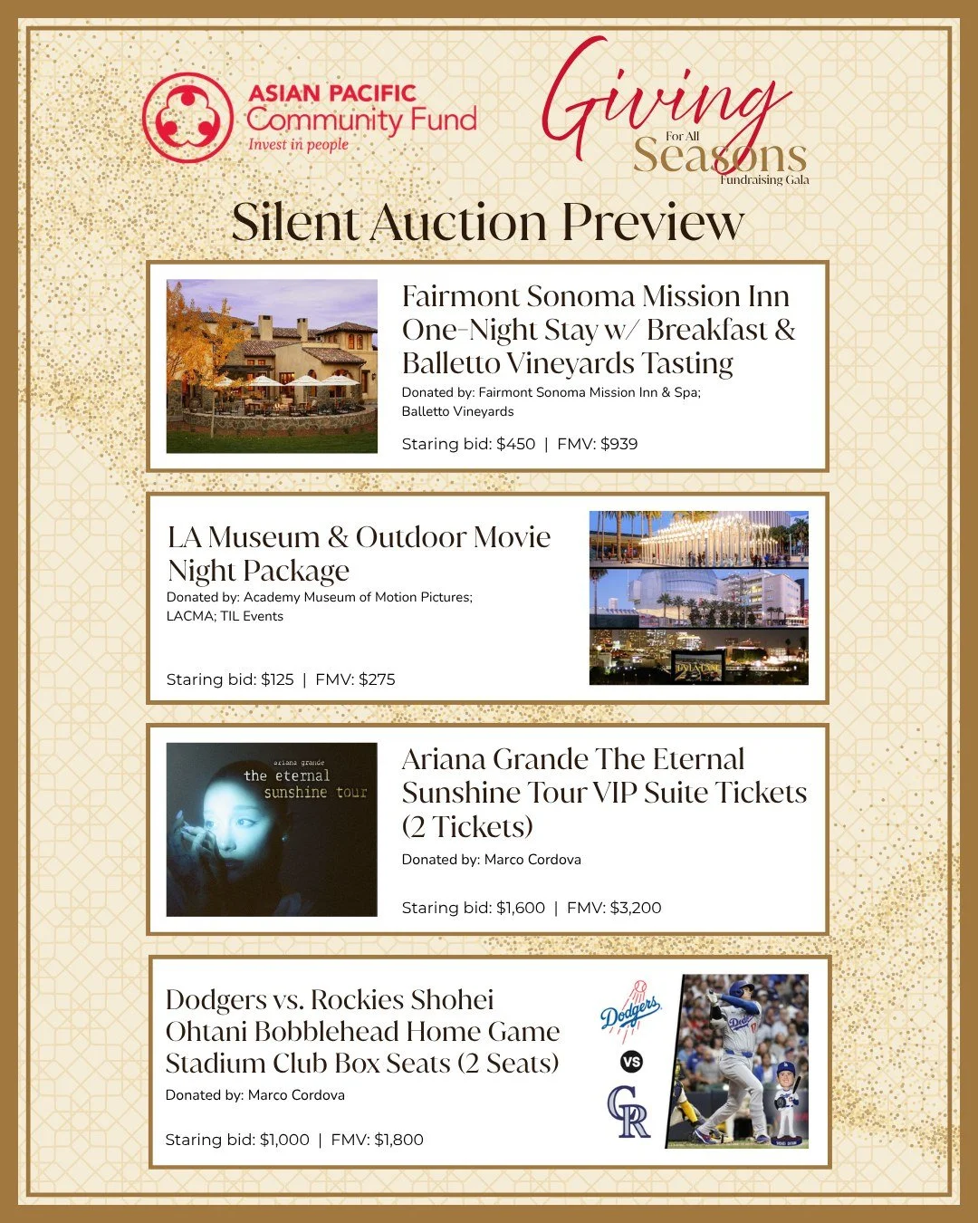 The Silent Auction is open. The 36th Anniversary "Giving for All Seasons" Gala Silent Auction is officially live, and you don't have to be in the room on June 4 to win.

Browse one-of-a-kind experiences, luxury getaways, and exclusive colle