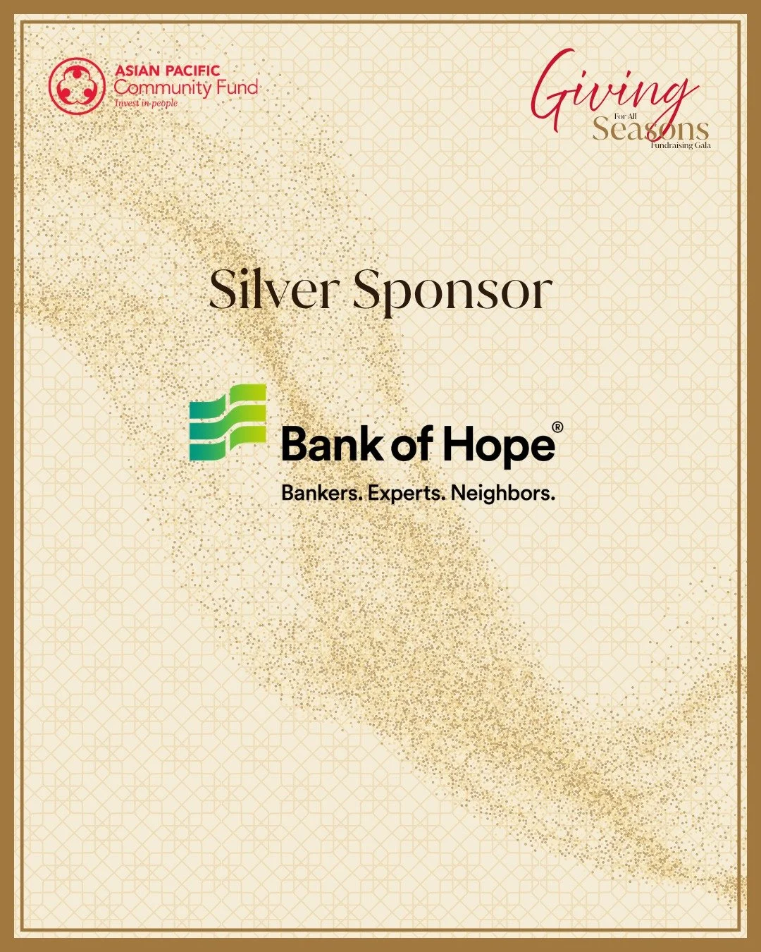 Thank you to Bank of Hope, a Silver Sponsor of this year's Giving for All Seasons Gala.

Their support goes directly into the work we do with AAPI communities across the greater Southern California region, from scholarships to grants to community pro