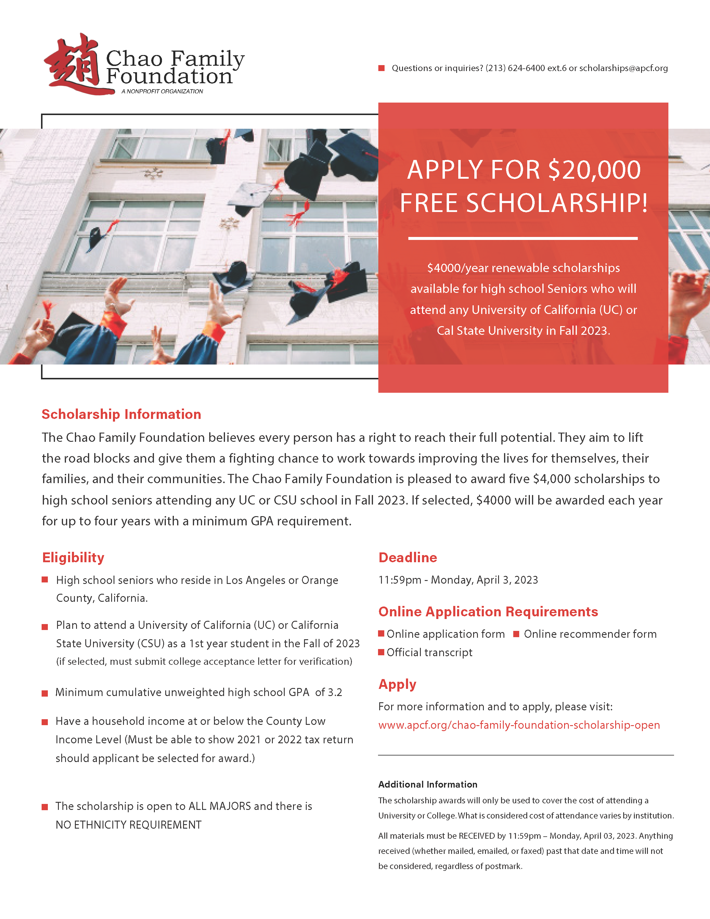 Chao Family Foundation Scholarship Open — Asian Pacific Community Fund