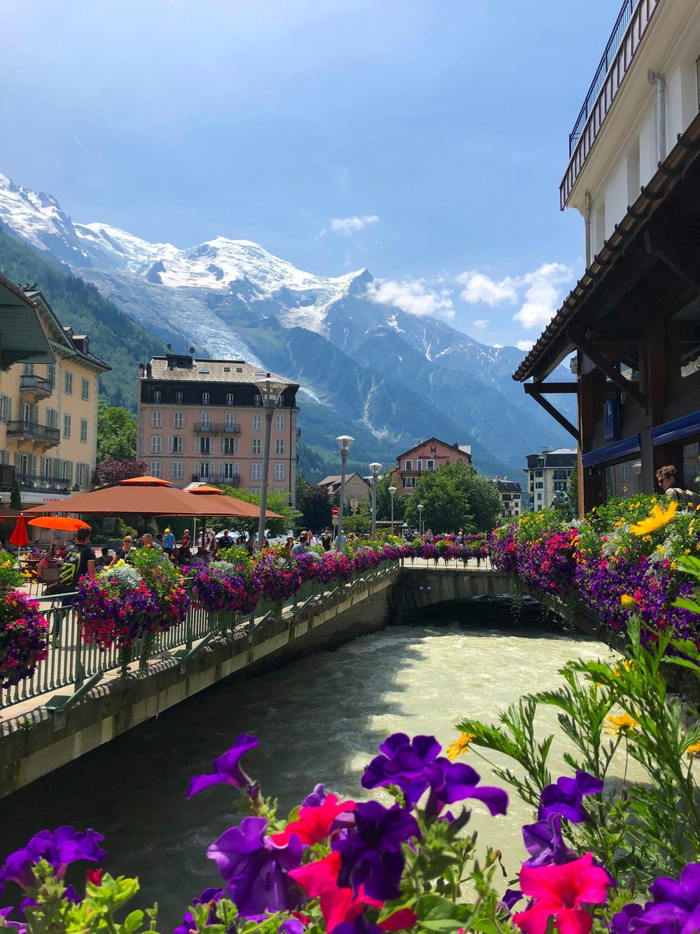  View of the Mont Blanc massif and Glacier des Bossons from Chamonix, France. 