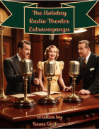 The Holiday Radio Theater Extravaganza logo featuring three performers at microphones in vintage attire.  A woman in the center with a man on each side of her.