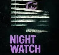 Logo for the play Night Watch.  With a black background, a close-up of an eye peering through Venetian blinds with the text NIGHT WATCH in purple below.