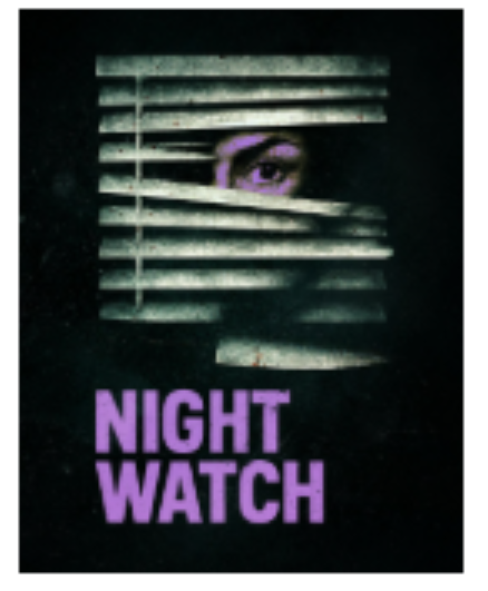 Logo for the play Night Watch.  With a black background, a close-up of an eye peering through Venetian blinds with the text NIGHT WATCH in purple below.