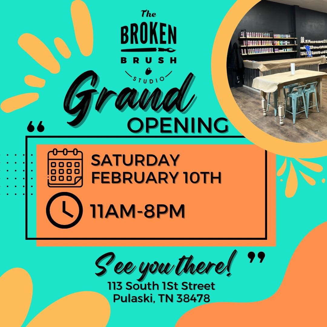 The Broken Brush Studio LLC is officially OPEN at the Pulaski location!

Tomorrow, February 7th, they will have an official Ribbon Cutting at the studio with the Giles Chamber at 11am. All are welcome to come celebrate!

This Saturday, join them for 