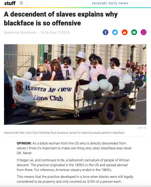  This article was written in response to an offensive display of blackface in Taranaki, New Zealand.  