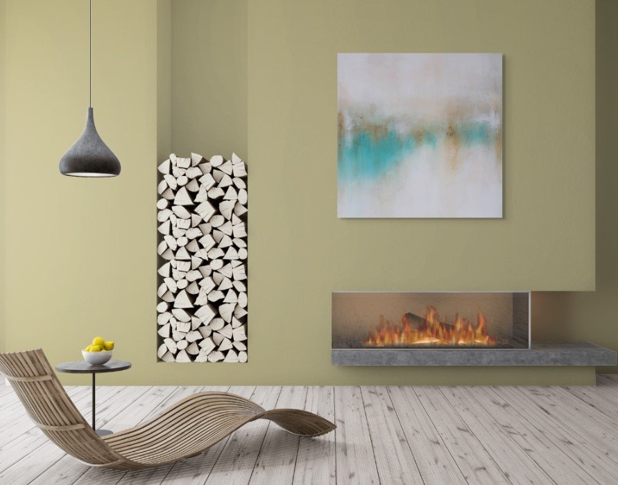 large abstract hung over modern fireplace
