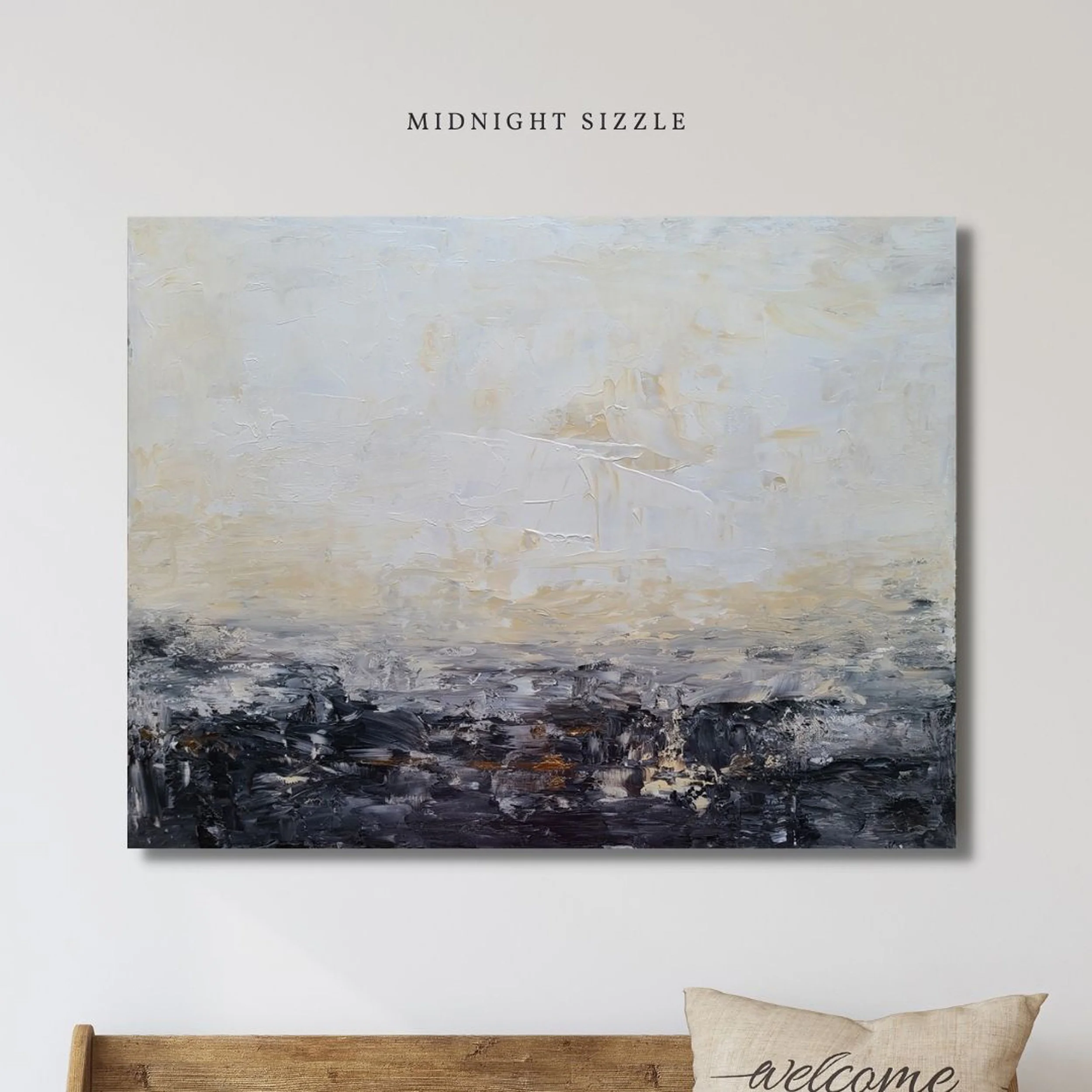 Neutral abstract wall art displayed above a bed in a minimalist bedroom