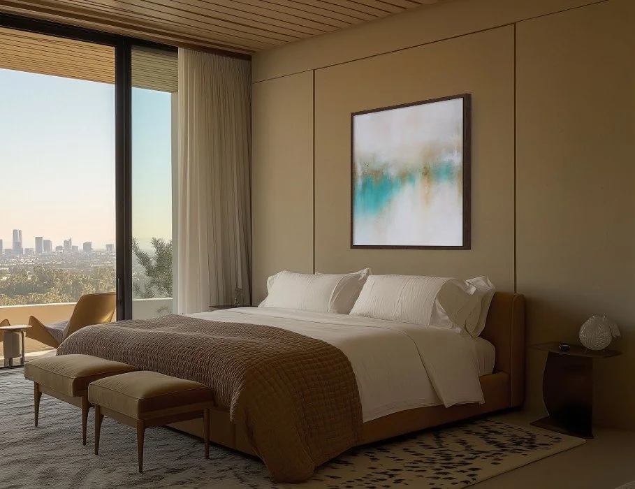 abstract landscape painting over bed on a warm toned wall