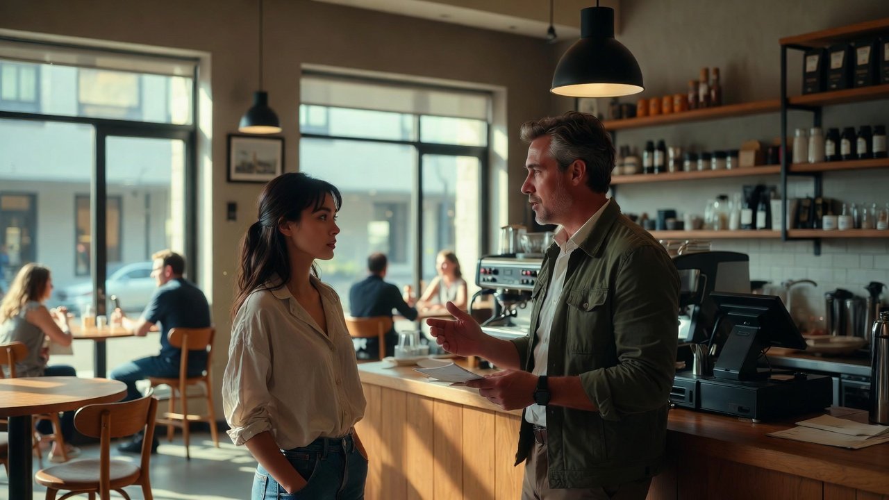 A man and a woman having a conversation inside a coffee shop, seated at the counter, with other patrons sitting at tables in the background.