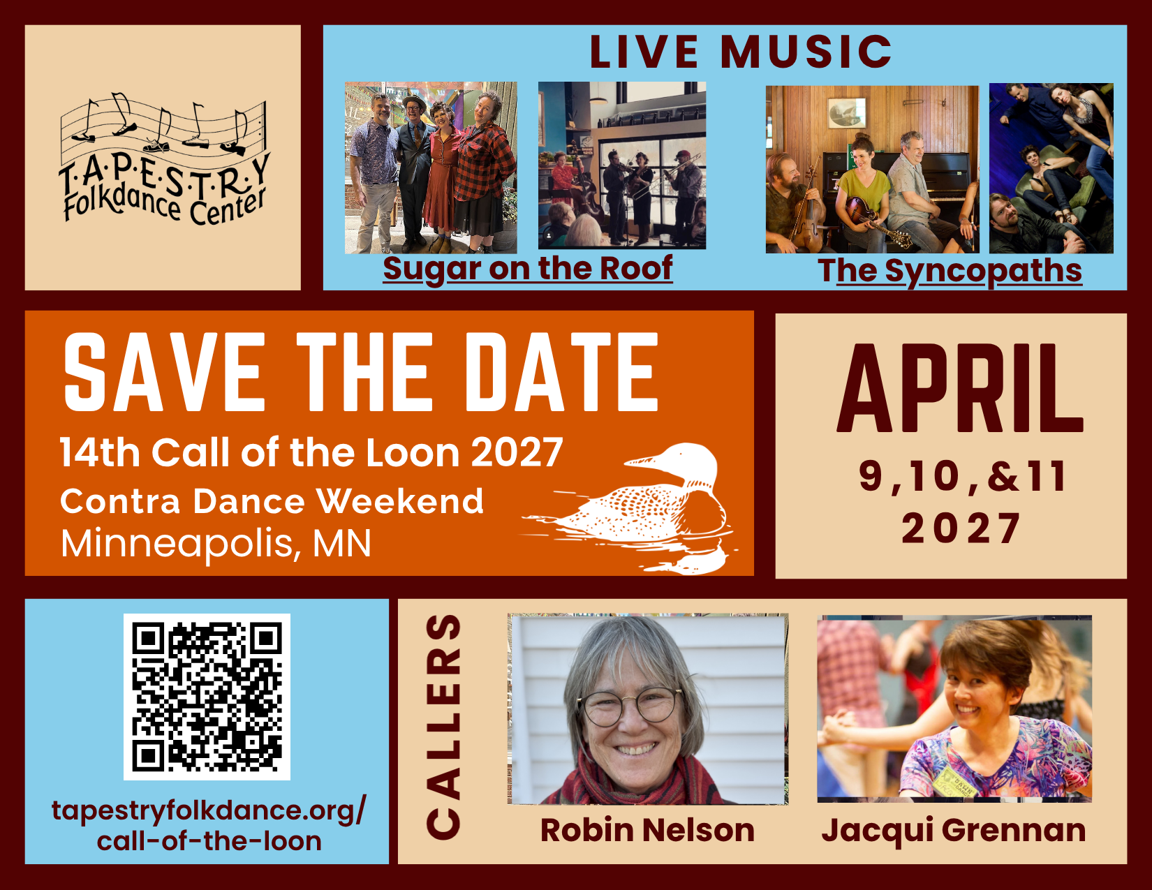 Poster advertising a live music event with photos of performers, an organization logo, event details including date, location, and QR code for more information.