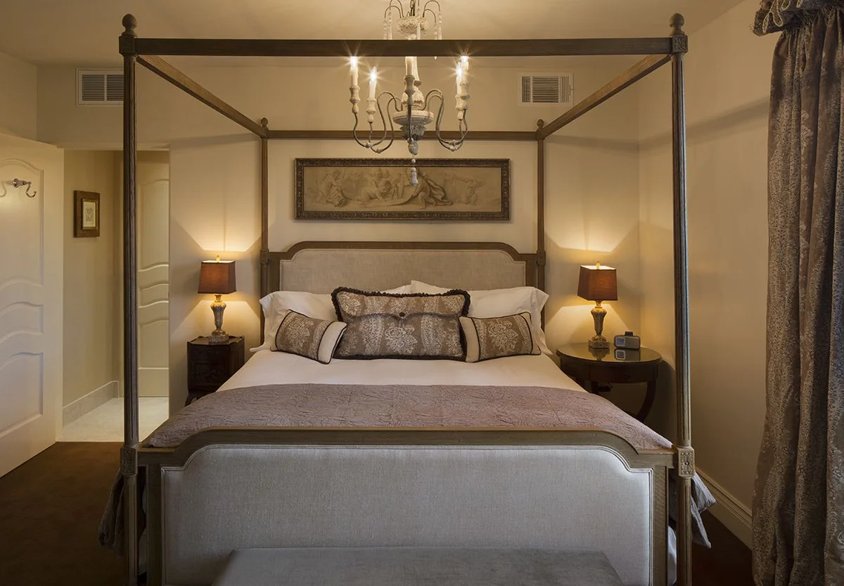 bedroom with chandelier