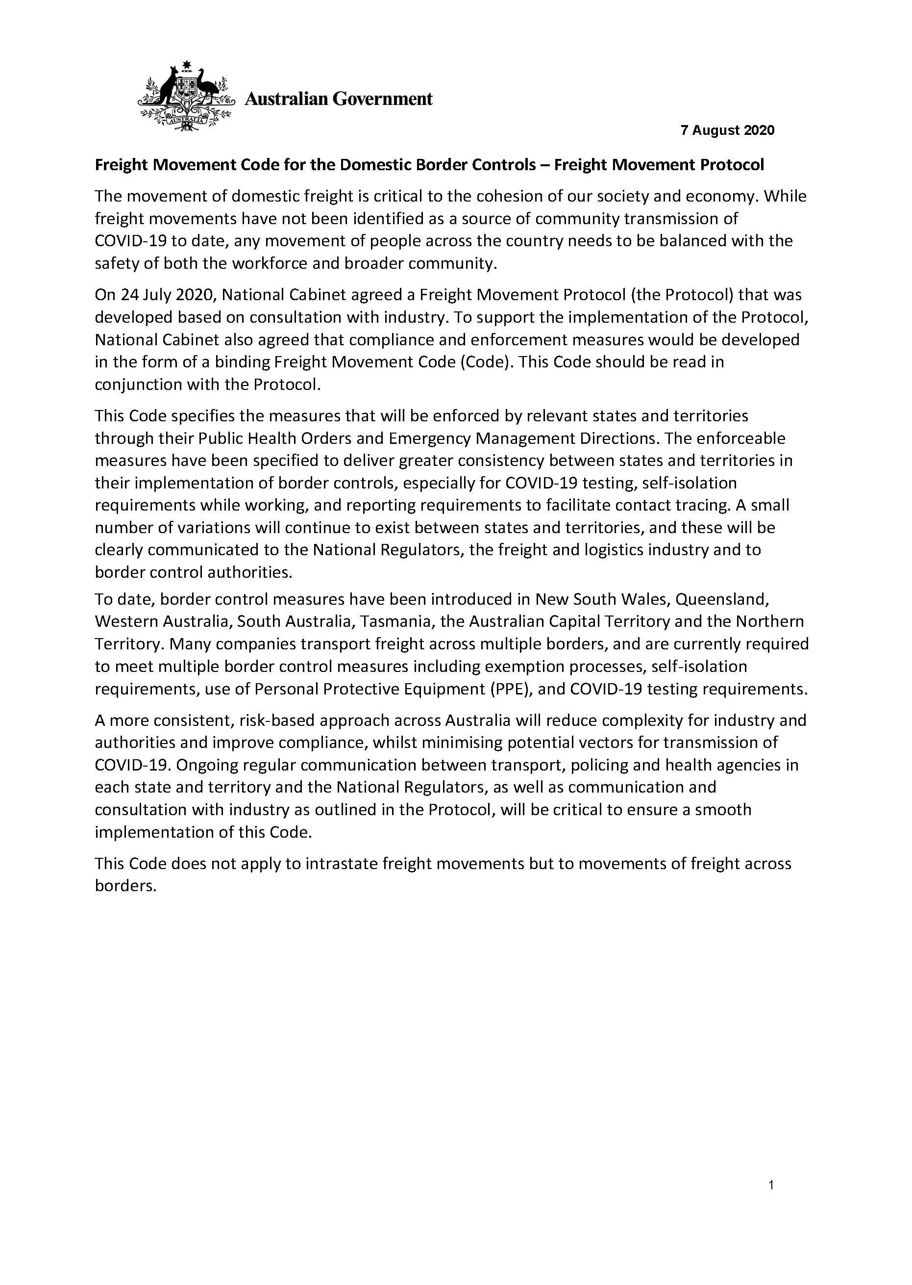 Freight Movement Code for Domestic Border Controls – Freight Movement Protocol