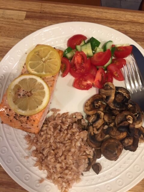 Lemon Salmon, Farro, Mushrooms &amp; Cucumber Tomato Salad