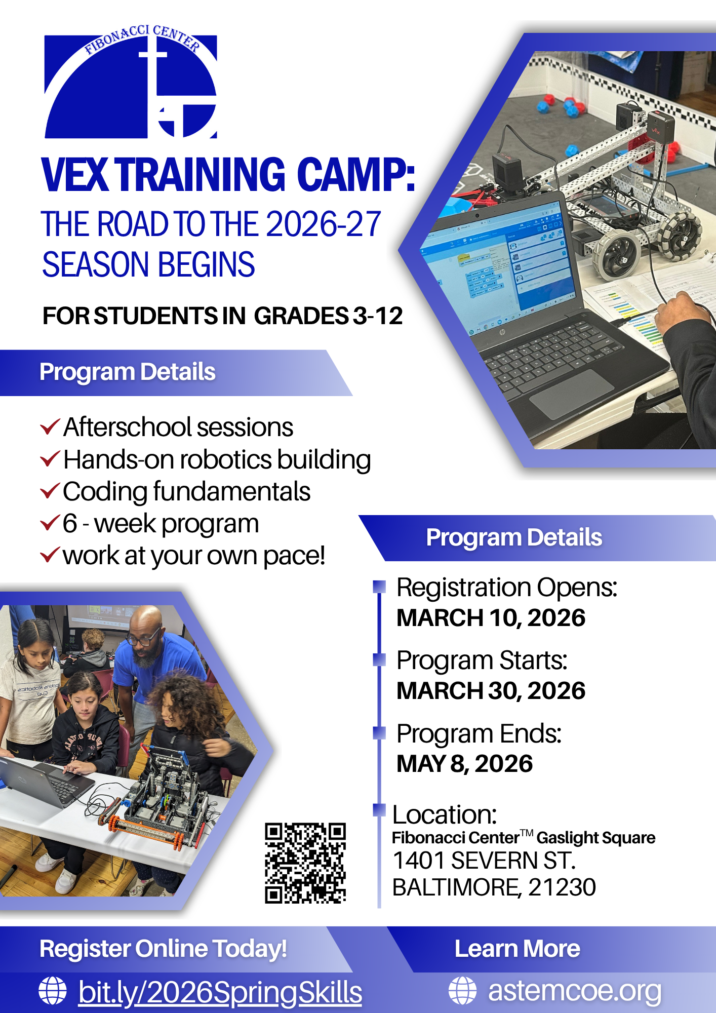 Registration for the 2026 Spring Training Camp for VEX Robotics STEMologists at the Fibonacci Center
