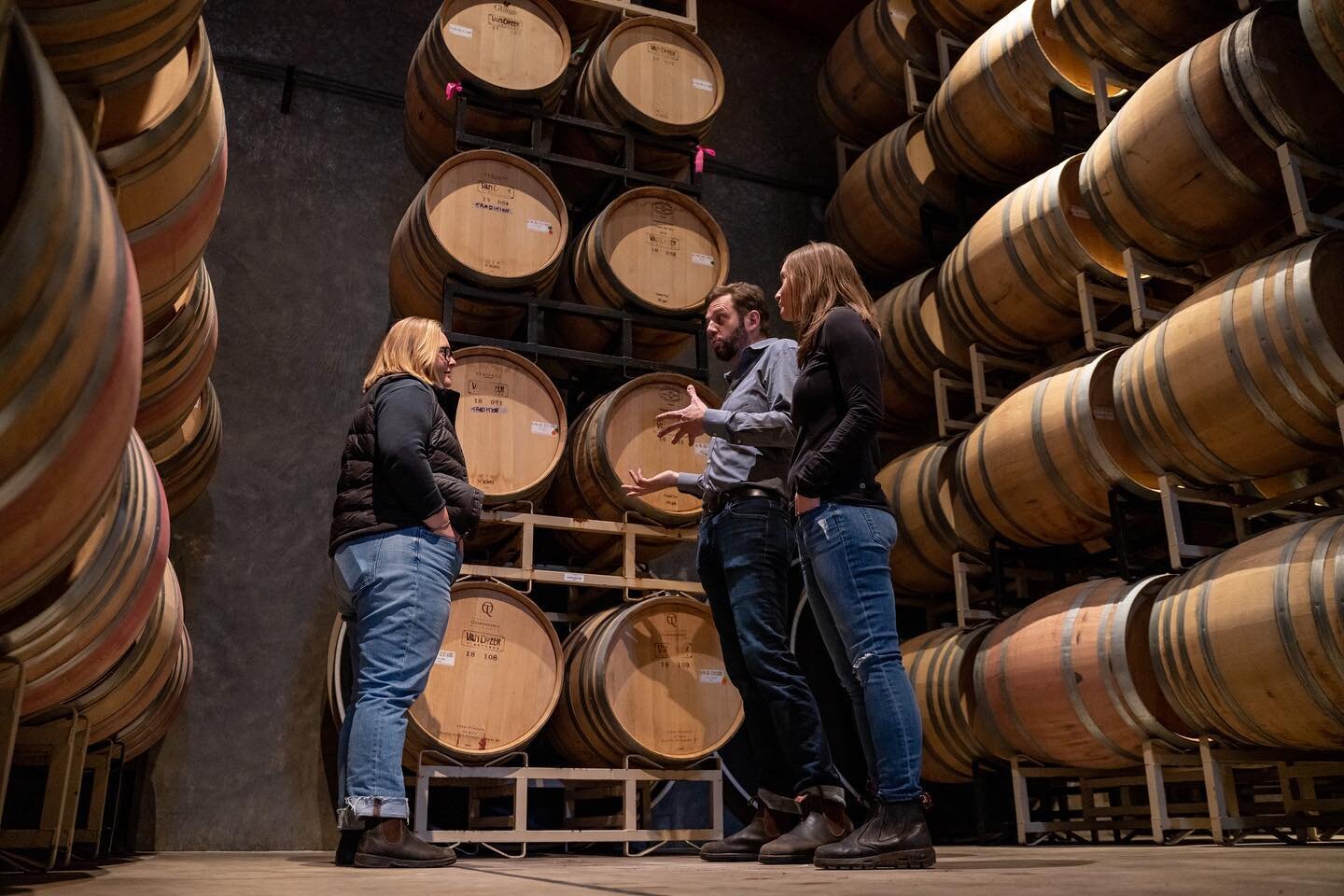 Drew dropping some serious knowledge from the barrel stacks to the tasting room. That brain of his is full of wine making knowledge that we are more than willing to absorb. 

{Tasting 2019 Surlie, 2016 Filament, &amp; 2015 Blanc de Blancs in photo 2}