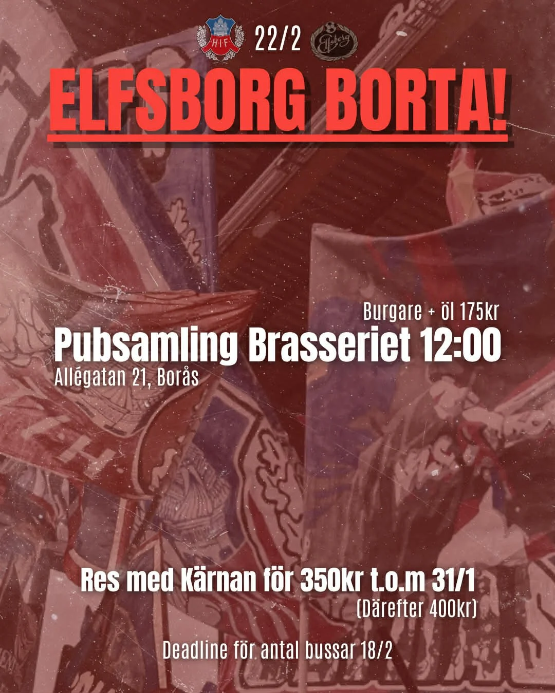 Resa ute nu till Bor&aring;s l&ouml;rdag 22/2 n&auml;r vi m&ouml;ter elfsborg i Svenska cupen. 
49 platser ute p&aring; f&ouml;rsta bussen. deadline antal bussar 18/2.

Pubsamling p&aring; Brasseriet fr&aring;n kl 12!

L&auml;s mer och boka din resa 