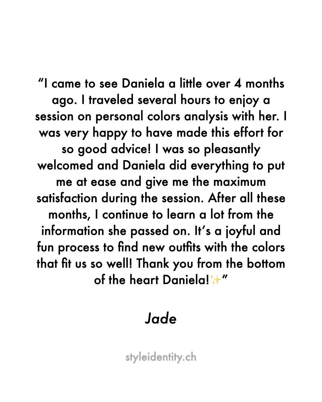 Kundenbewertung | Client Review
Authentisch. Pers&ouml;nlich. Transformierend.
Farbberatung / Personal Colour Analysis
K&ouml;rpertyp Analyse / Image Archetype Analysis
Z&uuml;rich | DE &amp; EN | https://styleidentity.ch 

#farbberatung #personalcol