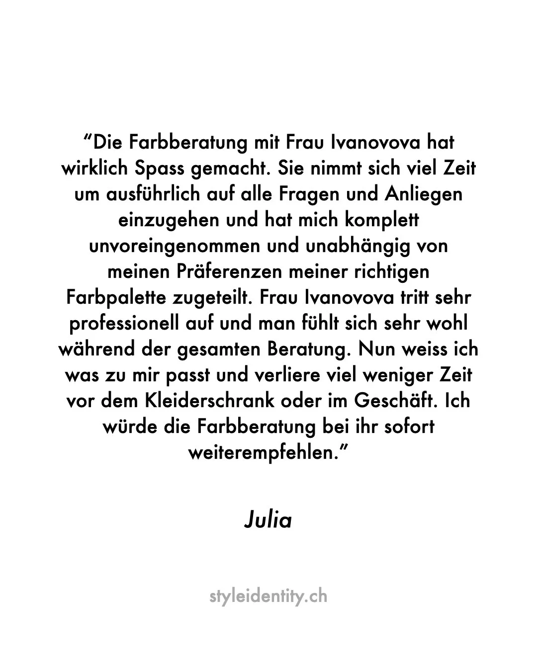 Kundenbewertung | Client Review
Authentisch. Pers&ouml;nlich. Transformierend.
Farbberatung / Personal Colour Analysis
K&ouml;rpertyp Analyse / Image Archetype Analysis
Z&uuml;rich | DE &amp; EN | https://styleidentity.ch 

#farbberatung #personalcol