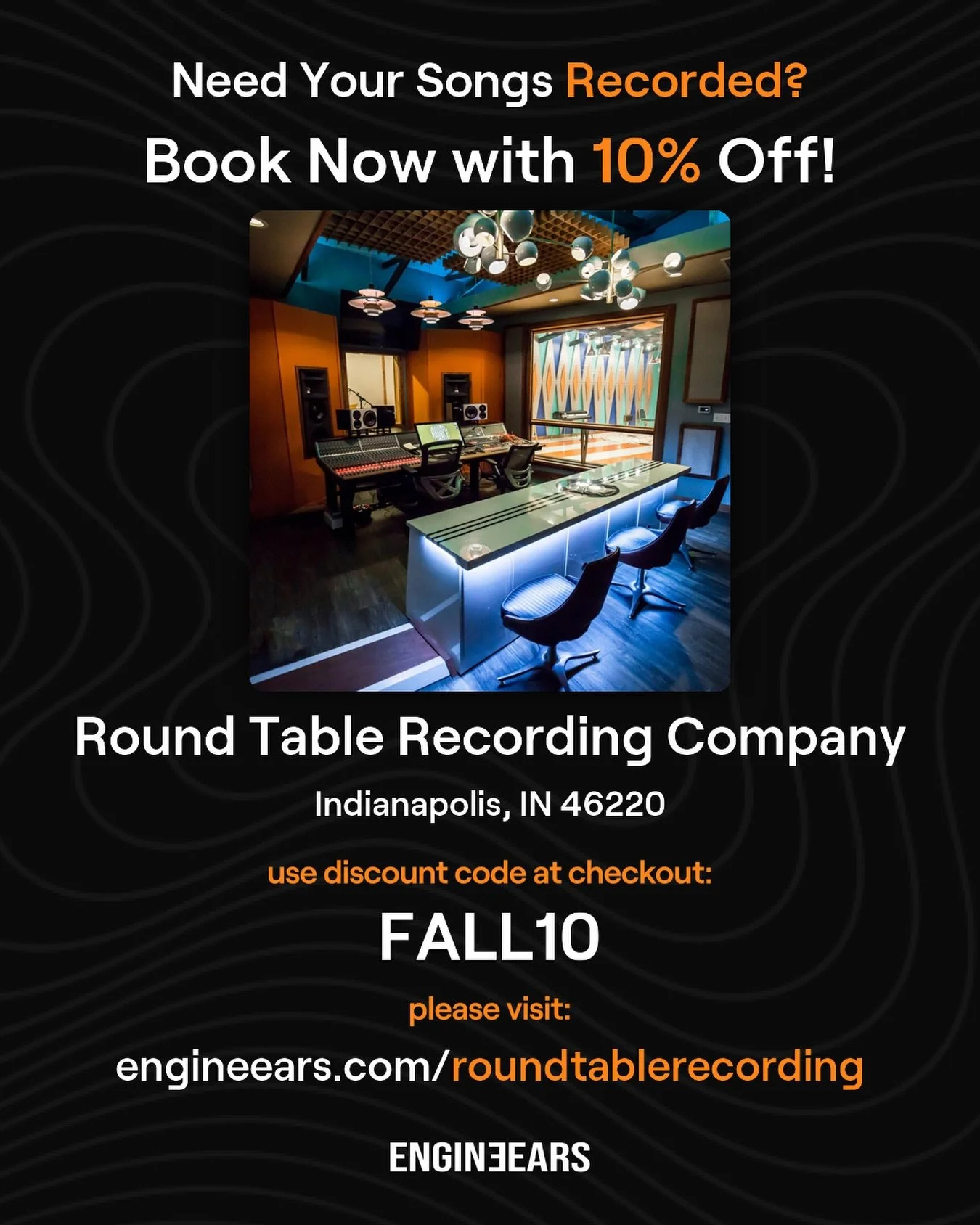 10% off all sessions booked until the end of October! Use code FALL10 at checkout on https://engineears.com/studio/roundtablerecording and book your session today! ☺️