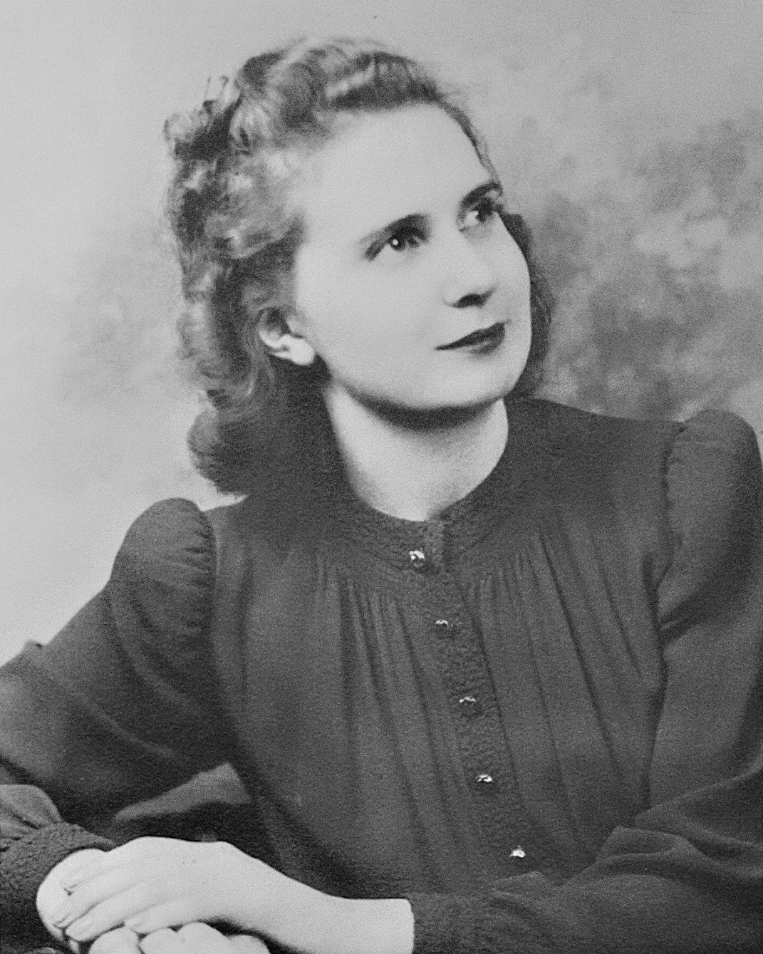 A black and white portrait of Mabel Wright 