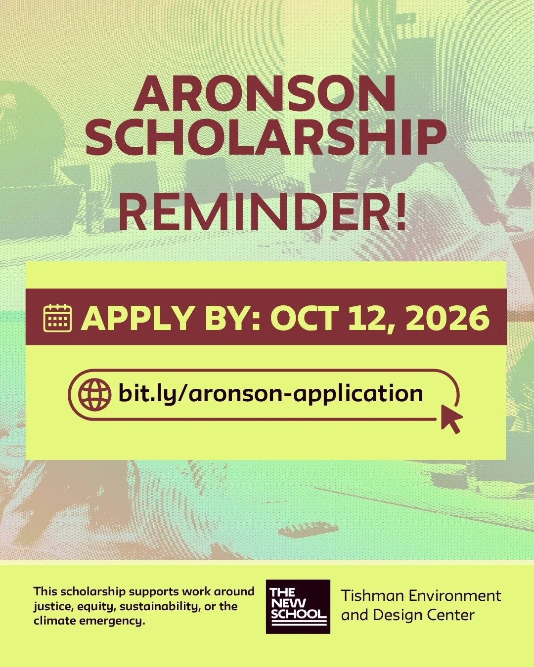 📣 ARONSON SCHOLARSHIP REMINDER 📣

📅 Apply by October 12, 2026, 11:59 PM ET
🔗bit.ly/aronson-application 

Applicants are asked to identify a New School faculty mentor who will support them during the scholarship period.

You'll also need to submit