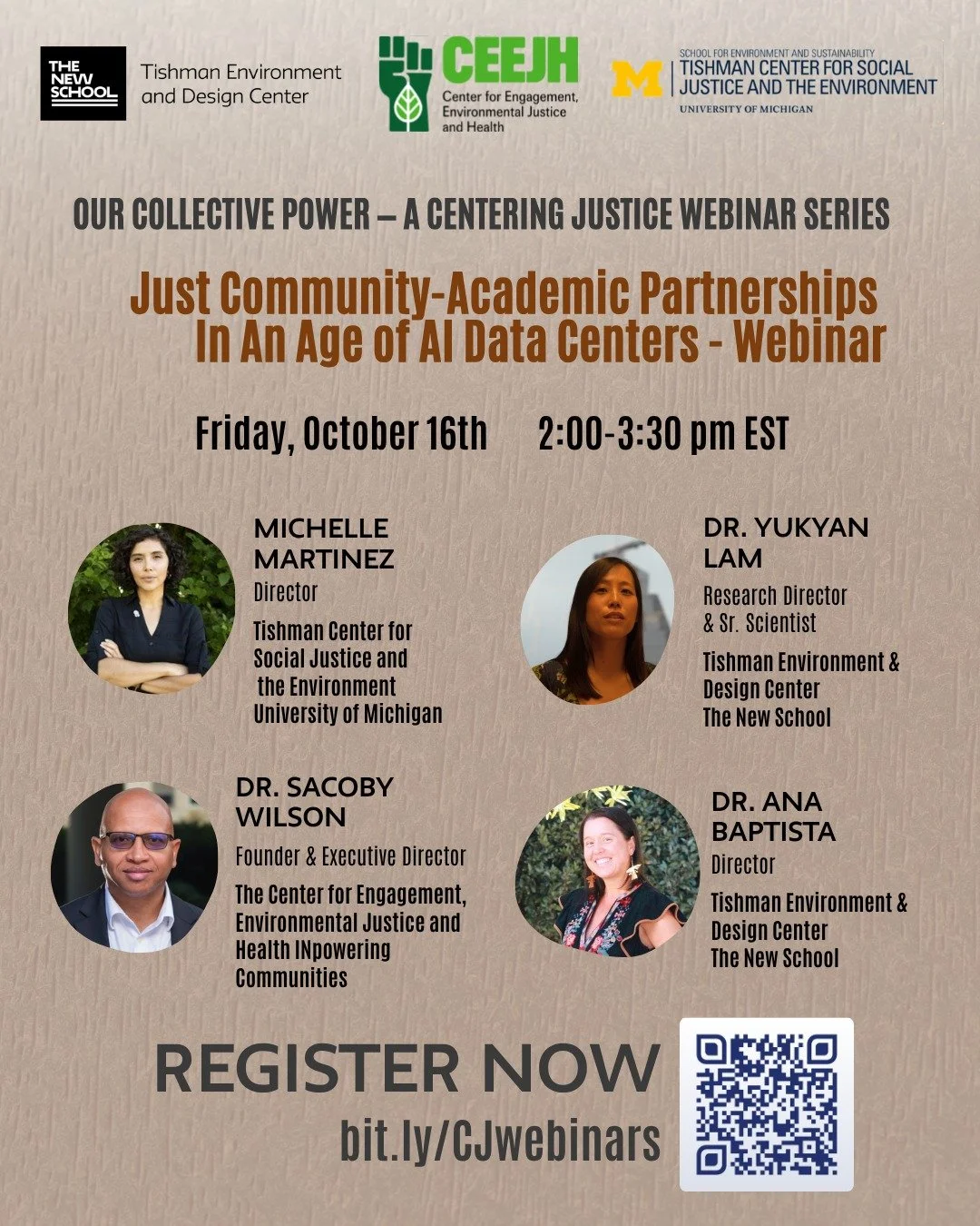 📣 RSVP NOW #CenteringJustice Webinar Part 2 of the Series-

Just Community-Academic Partnerships In An Age of AI Data Centers 

🗓️ October 16, 2026
⏰ 2:00pm - 3:30pm ET
🔗 RSVP: bit.ly/CJwebinars

As participants in the knowledge economy, what are 